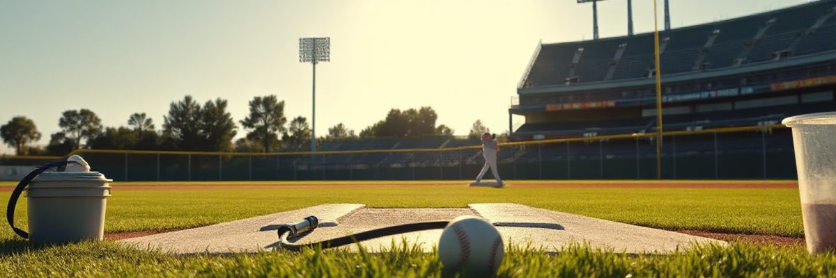 Pitching machine on a sunlit baseball field